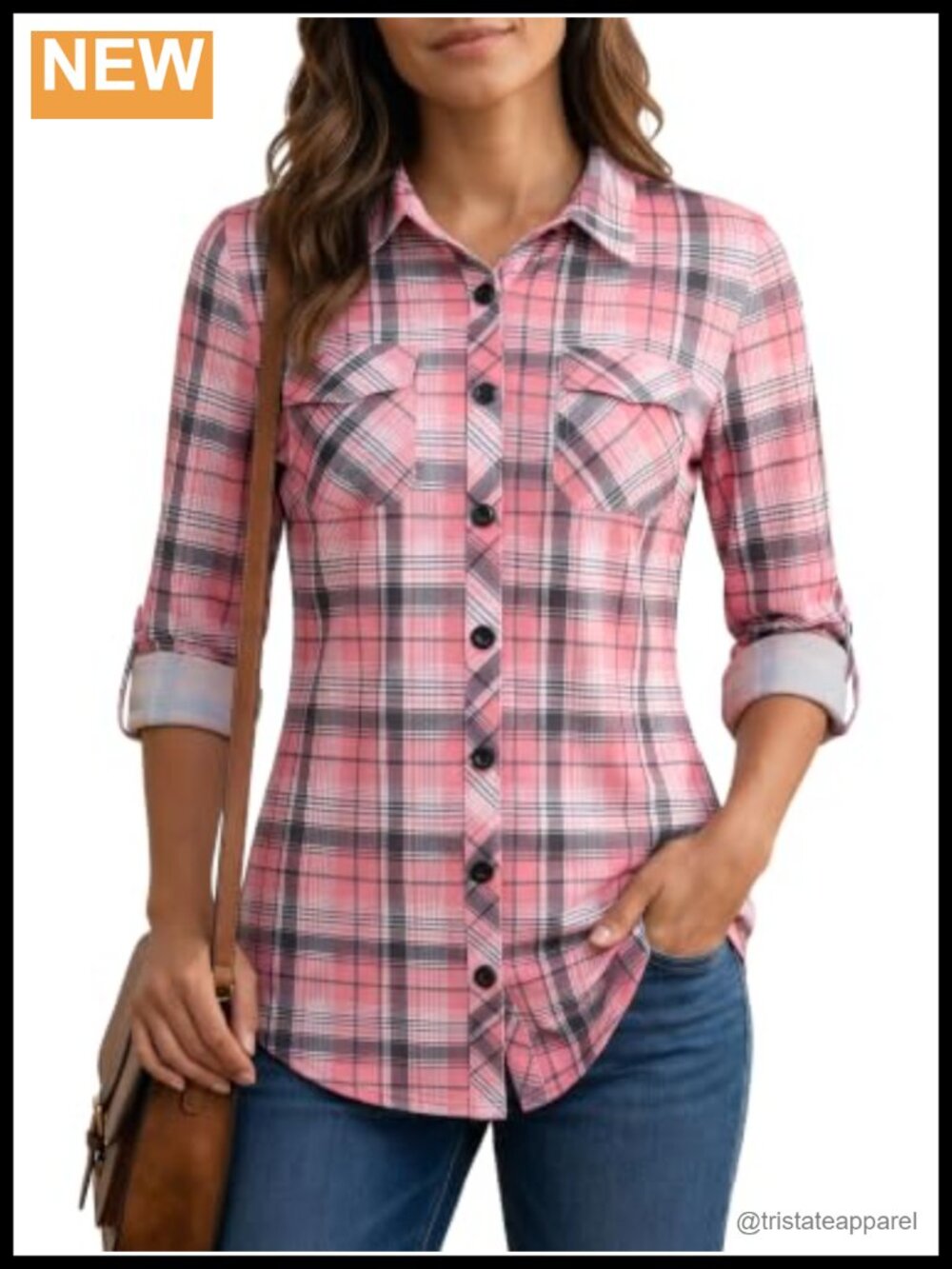Women's Knit Plaid Button Down Shirt Long Sleeve Roll Up Blouse
